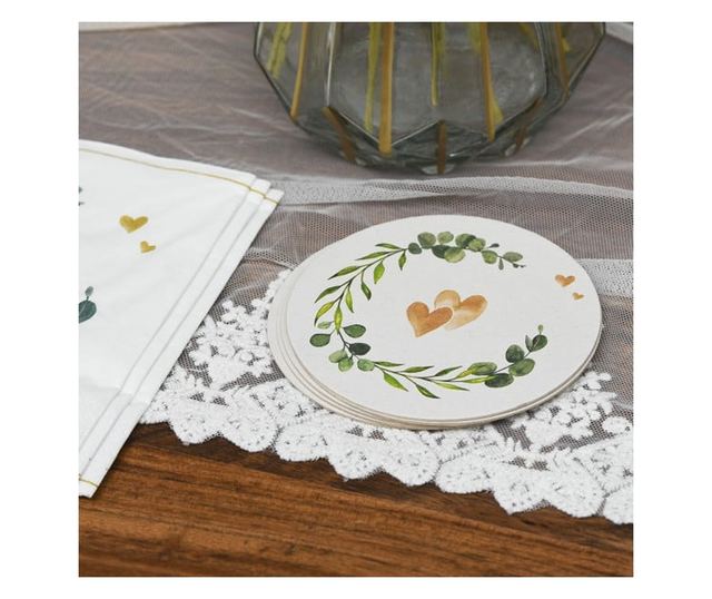 Coastere/suporturi din carton pentru pahare, halbe sau cesti / albe (imprimeu inimi) / diametru 10,7 cm / 100 buc