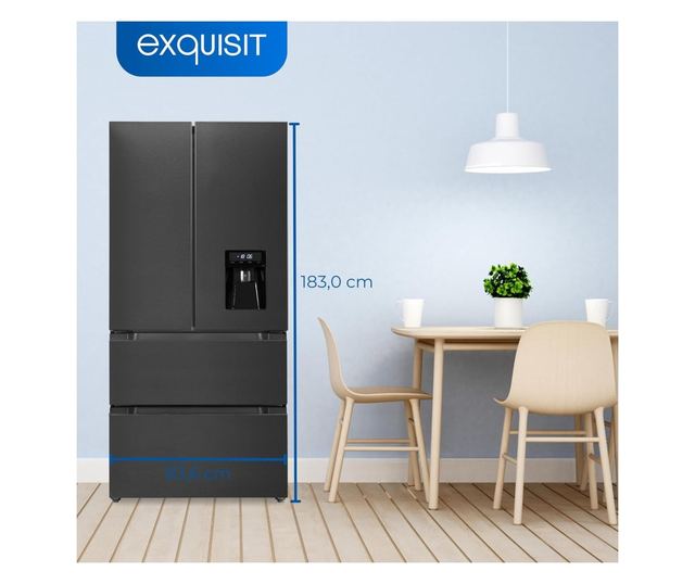 Frigider side by side, Exquisit, French Door, cu dispenser de apa, 506 litri, antracit