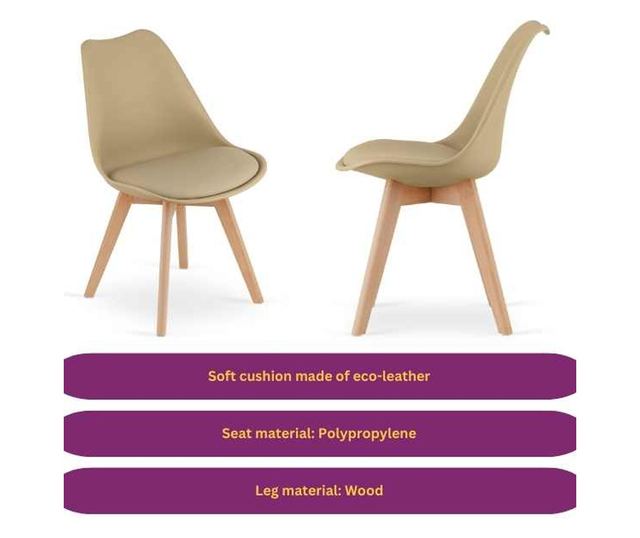Scaun Mercaton, Stil Scandinav, cu Picioare din Lemn de Fag, Sezut din PP si Perna din Piele Ecologica, 49 x 43 x 82 cm, Bej