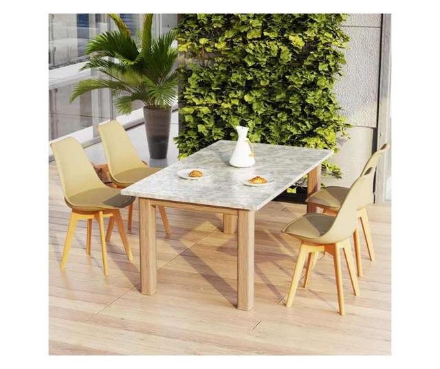Scaun Mercaton, Stil Scandinav, cu Picioare din Lemn de Fag, Sezut din PP si Perna din Piele Ecologica, 49 x 43 x 82 cm, Bej