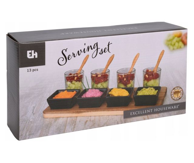 Set servire tapas Excellent Houseware, acacia/portelan, 30x15x1.5 cm, maro/negru
