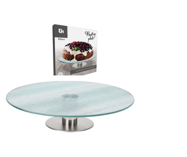 Suport prajituri Excellent Houseware, sticla/otel inoxidabil, 30x7 cm, transparent/argintiu