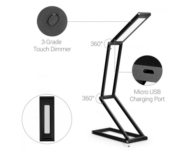 Összecsukható asztali lámpa LED-del és microUSB-vel, Kwmobile, fekete, alumínium, 40590.01
