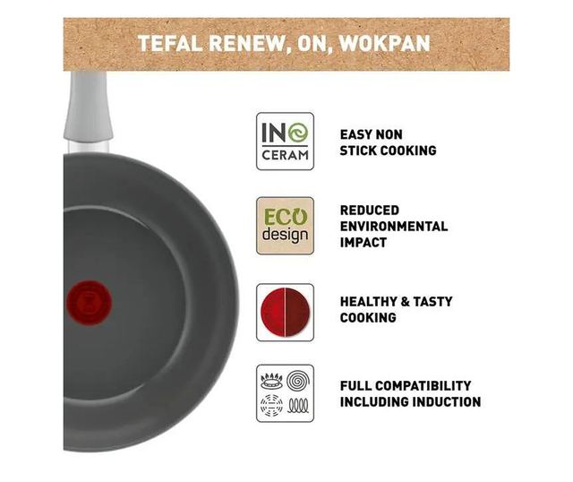Тиган Wok Tefal Renew On, 100% рециклиран алуминий, Индикатор Thermo-Signal, Съвместим с индукция, Керамично покритие, 28 см, Си