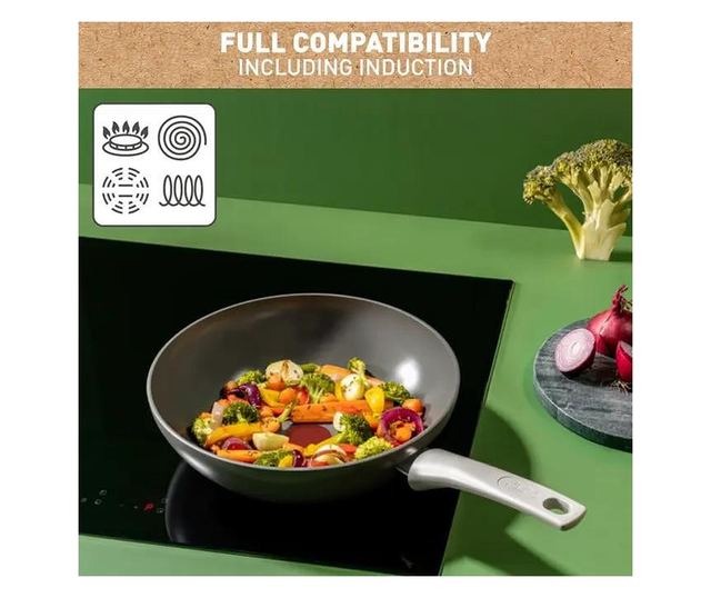 Тиган Wok Tefal Renew On, 100% рециклиран алуминий, Индикатор Thermo-Signal, Съвместим с индукция, Керамично покритие, 28 см, Си