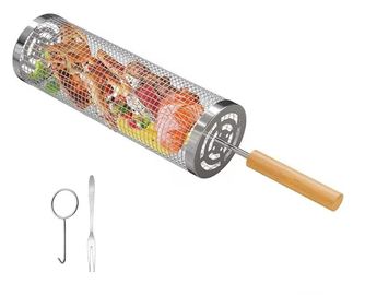 Cos cilindric pentru gratar cu maner din otel inoxidabil, rezistent la temperaturi foarte ridicate, lungime 30cm, diametru 10cm