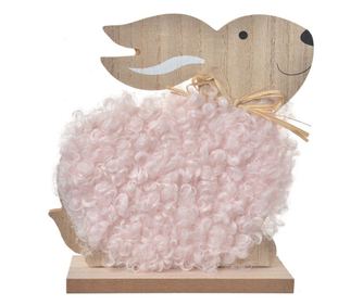 Barna fa húsvéti nyuszi figura rózsaszín textil díszítéssel, 14x5x17 cm