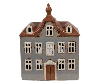Sivi i smeđi keramički držač za svijeće u obliku kuće 16x9x20 cm