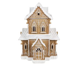 Mézeskalács házikó, barna-fehér, LED-del, 28x21x37 cm