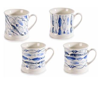 Set 4 šalice bijelog i plavog porculana Ribe 8.5x8.5, 280 ml