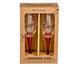 Set 2 pahare, de șampanie, cu inimioare, bază roșie, mesaj Love, 20 cm