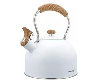 Свирещ чайник Kinghoff KH 1860, 2.5л, Индукция, Дървена дръжка, Бял