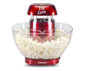 Машина за пуканки с горещ въздух Beper P101CUD052, 1200W, До 80 г царевица, Вградена купа, Червен