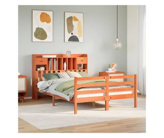 Ágykeret könyvespolcos fejvéggel, barna, 150x200 cm, tömör fenyőfa