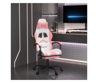 Herní židle s podnožkou, bílá/růžová, ekokůže
