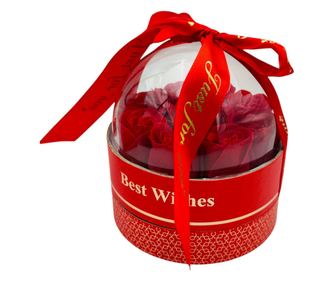 Set de trandafiri din sapun, aranjament floral in cutie rotunda cu capac transparent si funda rosie