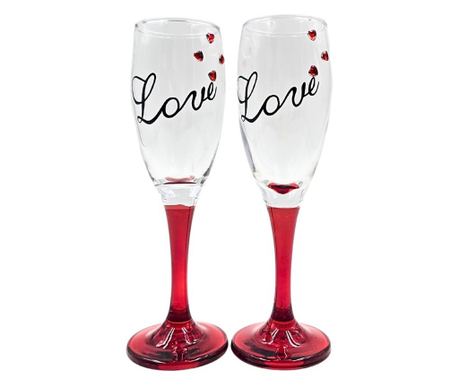 Set 2 pahare, de șampanie, cu inimioare, bază roșie, mesaj Love, 20 cm