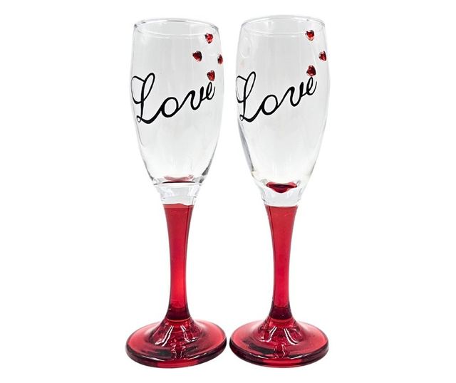 Set 2 pahare, de șampanie, cu inimioare, bază roșie, mesaj Love, 20 cm