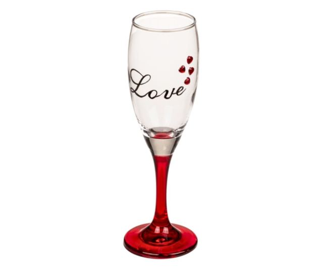Set 2 pahare, de șampanie, cu inimioare, bază roșie, mesaj Love, 20 cm