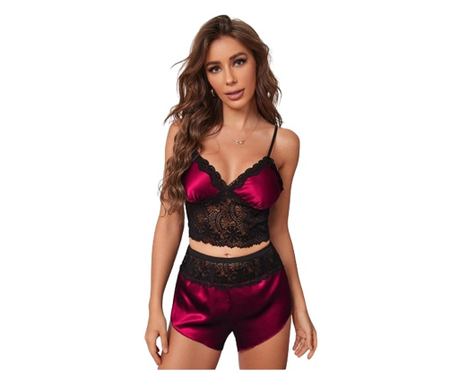 Set de pijamă din satin cu garnituri cu dantelă contrastantă, marime M