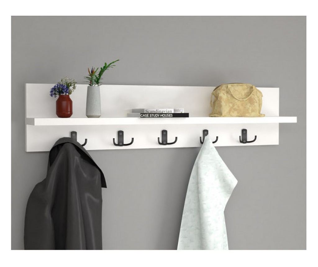 OEM fali polc, 5 akasztóval, modern design, fehér - 3
