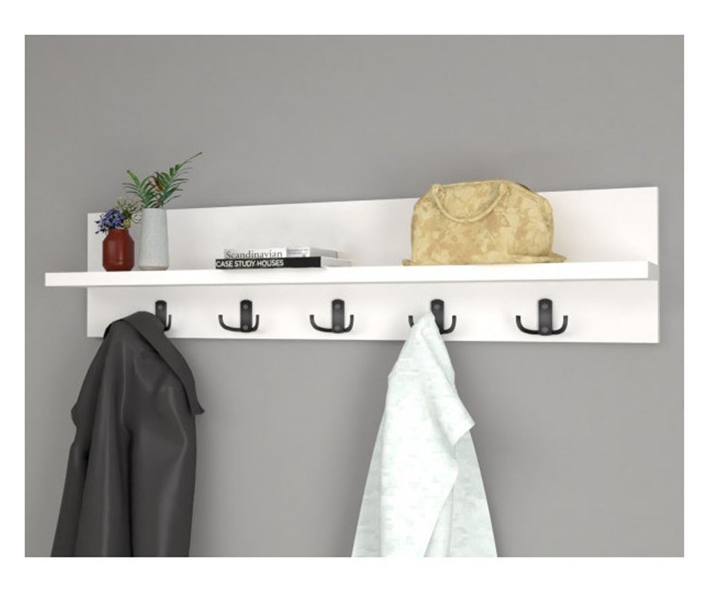 OEM fali polc, 5 akasztóval, modern design, fehér - 2
