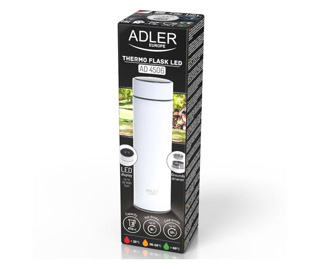 Termos cu afisaj temperatura LED, alb, 0,473L+strecuratoare Adler