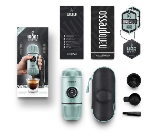 Espressor portabil Wacaco Nanopresso Arctic Blue, 18bar, 80 ml, Pentru cafea macinata, Nu este nevoie de incarcare si baterii, C