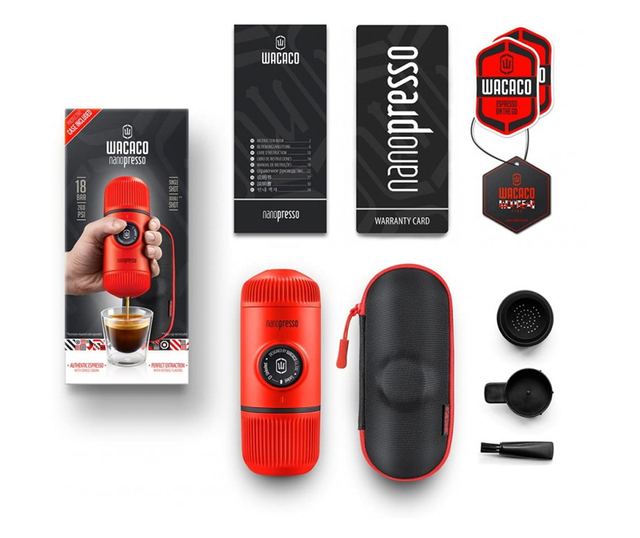 Espressor portabil Wacaco Nanopresso Lava Red, 18bar, 80 ml, Pentru cafea măcinată, Nu este nevoie de încărcare și baterii, Carc