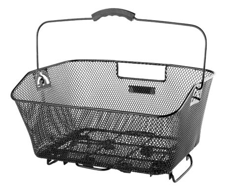 Črna kovinska košara z gosto mrežo, posebna pritrditev, ergonomski ročaj.