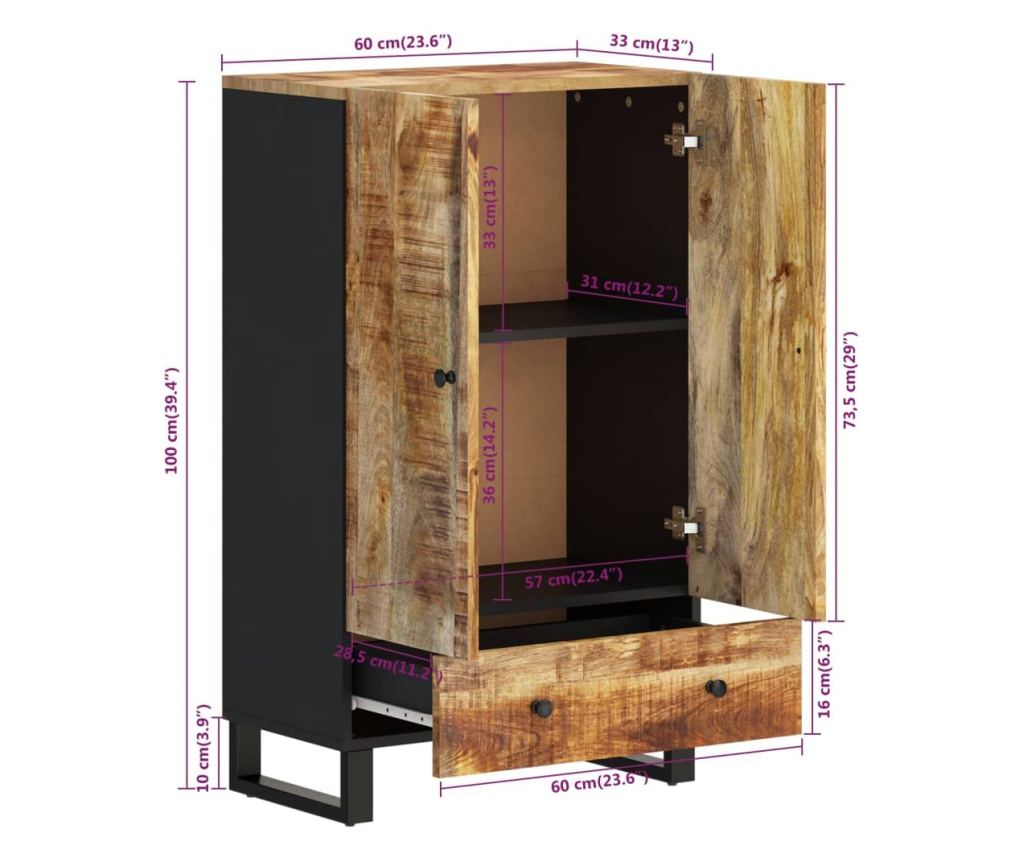 Шкаф с чекмеджета, 60x33x100 см, масивно дърво манго и желязо - 9