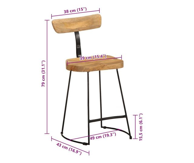 Barski stoli 2 kosa 49x43x79 cm Masiven mangov les
