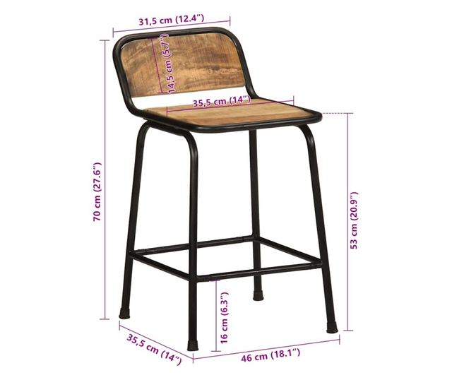 Barski stoli 4 kosi 46x35,5x70 cm Masiven grob mangov les