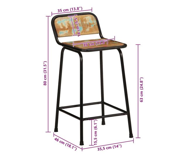 Barski stoli 2 kosa 46x35,5x80 cm Masiven predelan les