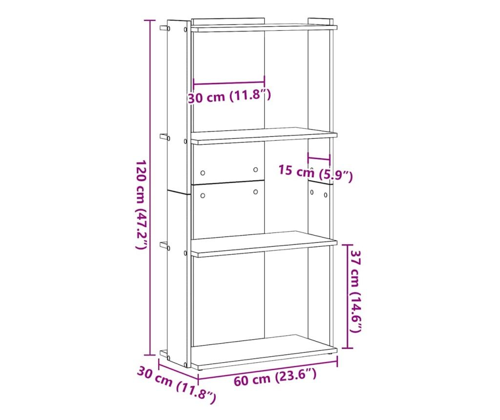 Библиотека 3 рафта старо дърво 60x30x120 см инженерно дърво - 9