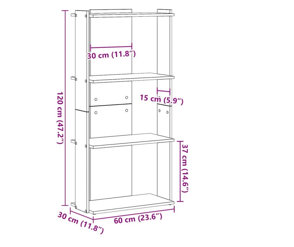 Библиотека 3 рафта черна 60x30x120 см инженерно дърво - 9