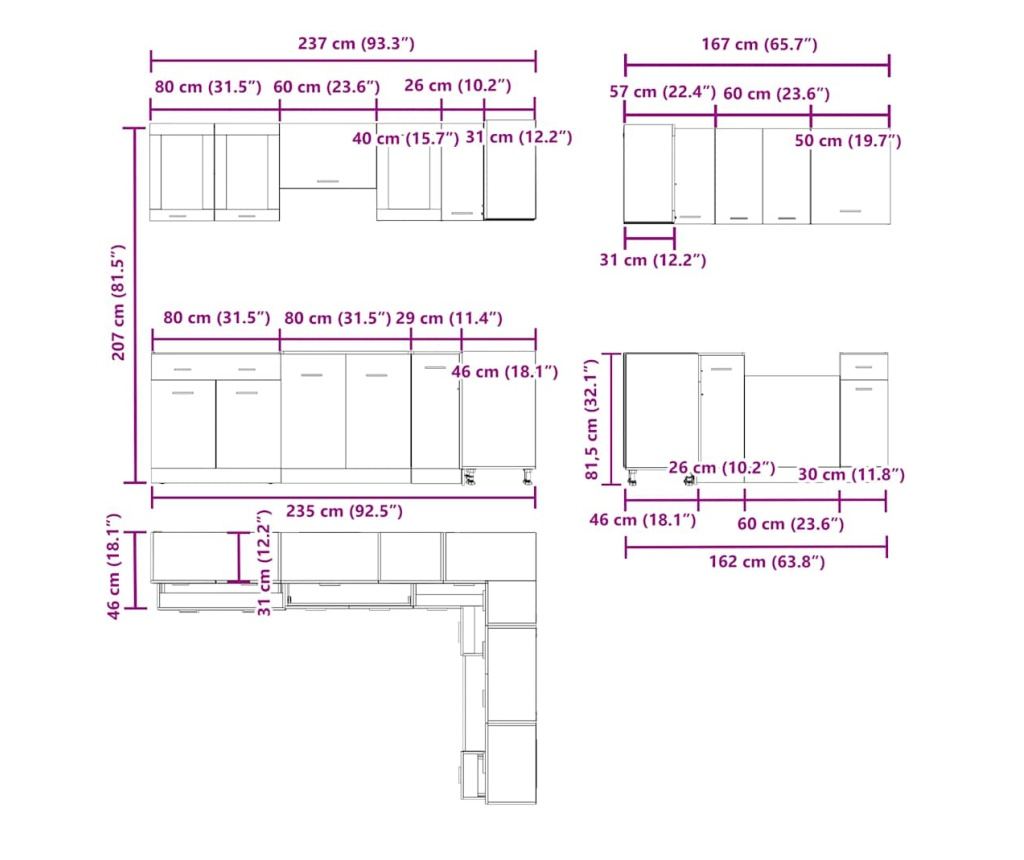 Комплект кухненски шкафове, 11 части, Lyon, старо дърво, инженерно дърво - 8