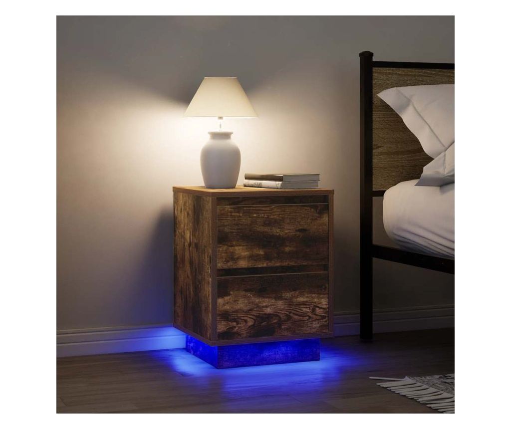 Noćni ormarić s LED svjetlima (2 kom), dimljeni hrast, 38x34x50 cm - 2