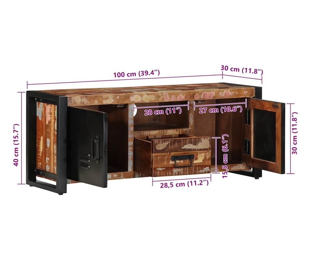 TV шкаф 100x30x40 cm Масивна дървесина Възстановена - 9