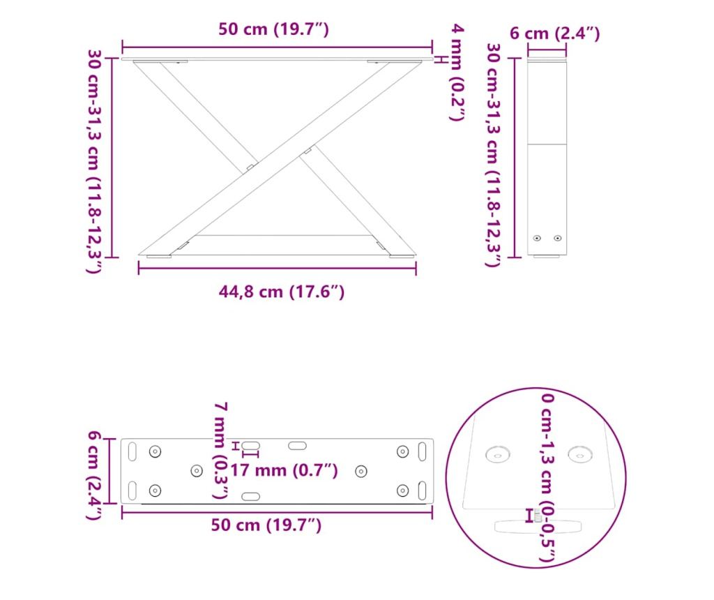 Крака за масичка за кафе, 2 бр., антрацит, 50x(30-31,3) см, стомана - 10