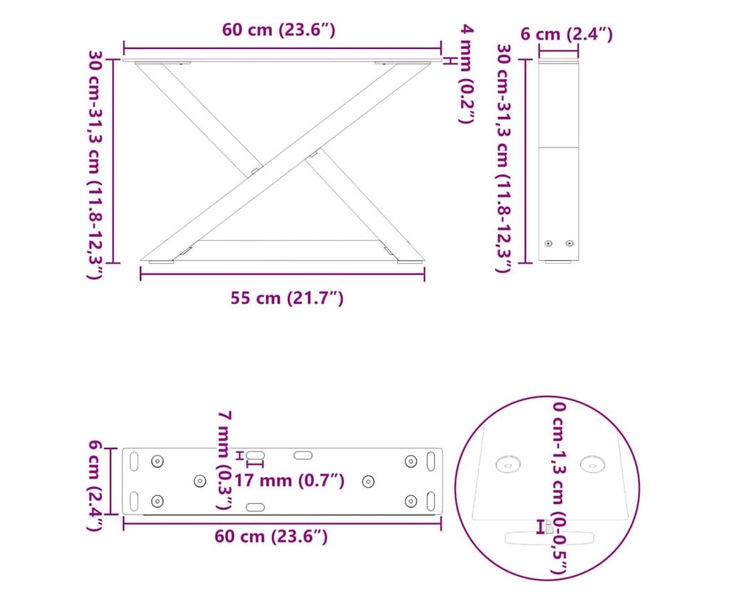 Крака за масичка за кафе, 2 бр., антрацит, 60x(30-31,3) см, стомана - 10