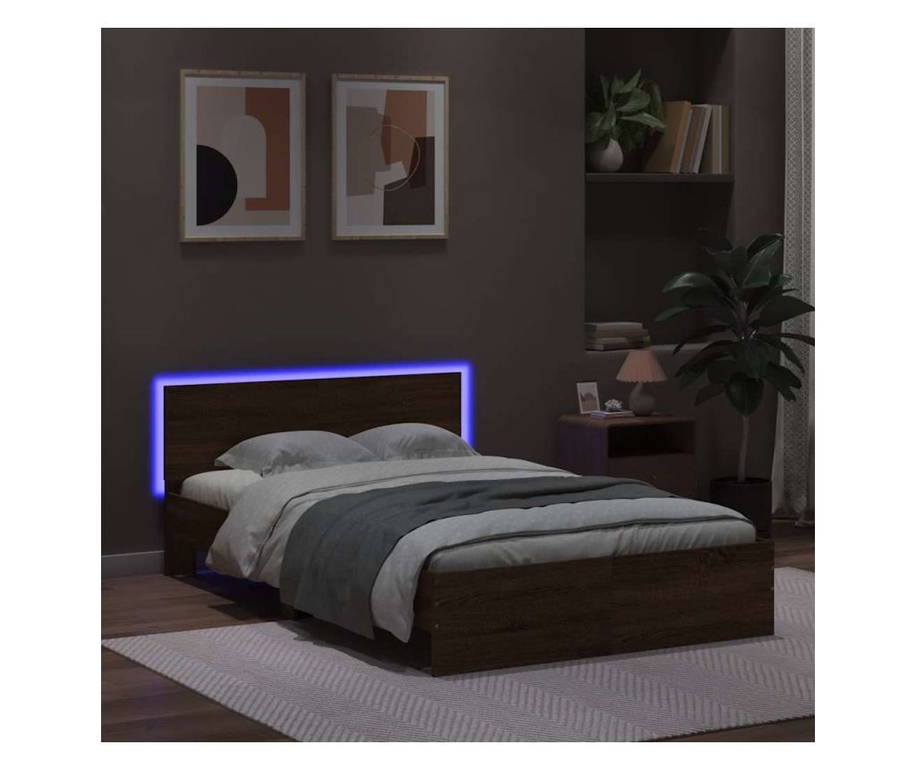 Рамка за легло с табла и LED, кафяв дъб, 140x190 см - 3