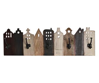 Cuier de perete, lemn, 5 agatatori metalice, 83,5x10x25 cm