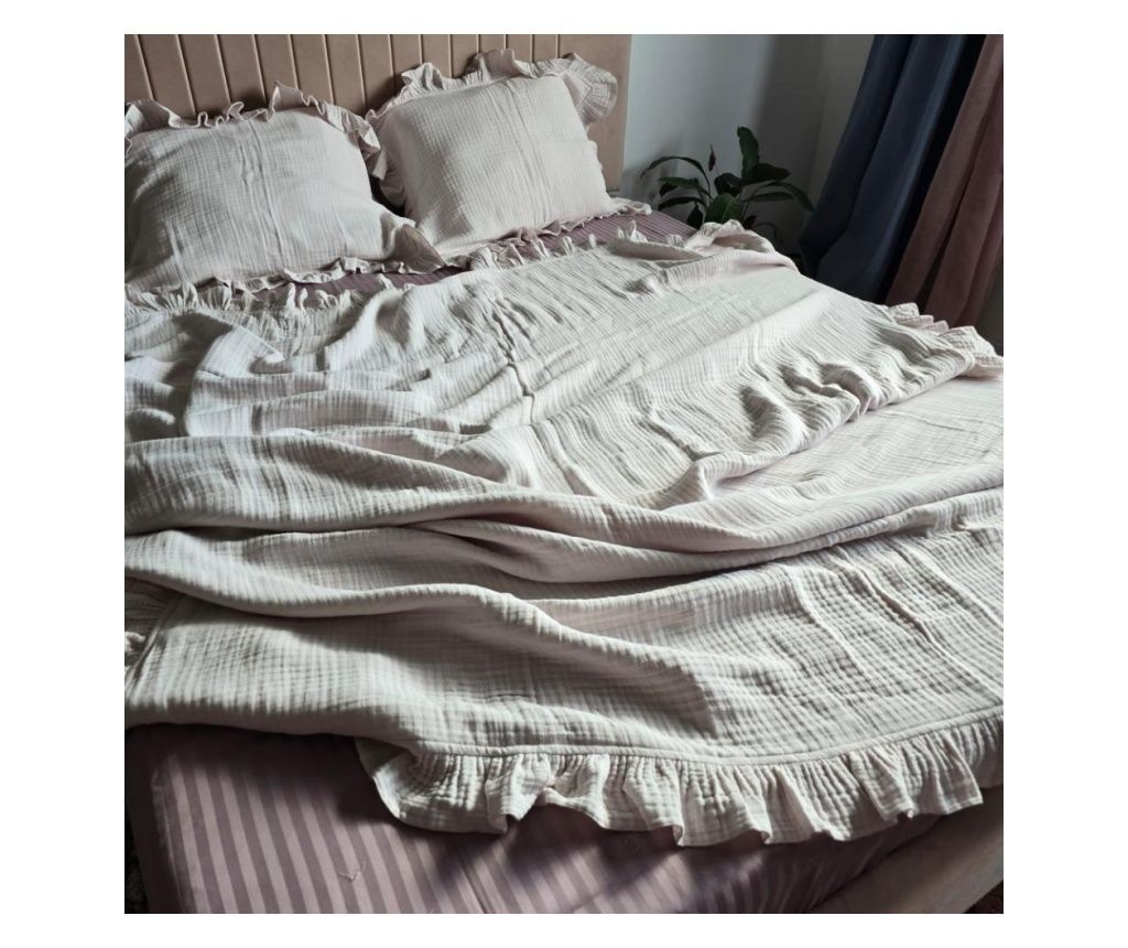 4-Layer Muslin Bedding Set with Ruffles, 3 Pieces (160x200), POWDER Color, for Comfort and Elegance