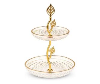 Platou rotund din sticla cu 2 nivele, Deco Art, Diametru 20 cm, Finisaje aurii