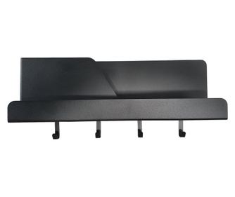 Fali szervező 4 akasztóval és tartóval, fém, matt fekete, 46 x 11 x 19 cm