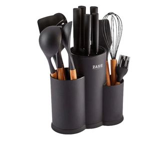 Set cutite si ustensile de bucatarie 14 piese Zass Gourmet ZG-KS 08, Suport cu 3 compartimente, Negru
