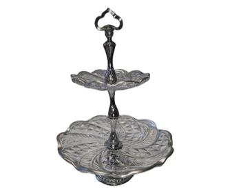 Platou rotund din sticla cu 2 nivele, Deco Art, Diametru 30 cm, Finisaje argintii