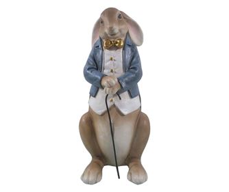 Decoratiune Pasti iepuras domn cu frac albastru si baston, inaltime 32 cm