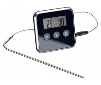 Termometru alimentar cu sonda, digital, pentru carne, 0 - 300 ° C, alerta temperatura, 3 butoane de control, Gonga® Negru